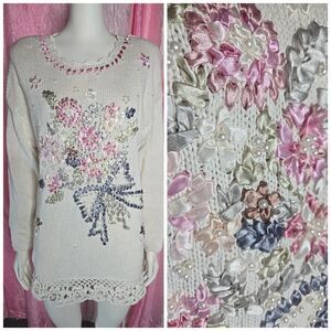 Vintage Exquisite Cottagecore Ivory Knit Pearls Ribbon Sweater Size Medium